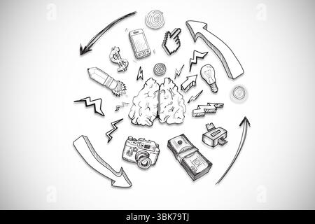 Monochrome brain sketch is being shown on plain white surface, with doodle icons and curved arrows Stock Photo