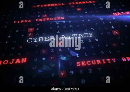 Flat digital graphic is showing central CYBER ATTACK text with floating code and warning messages Stock Photo