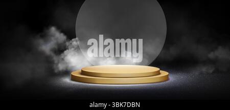 Luxury gold podium with atmospheric smoke effects and illumination - elegant circular platform on dark backdrop for premium product display, award ceremony stage and exclusive brand presentation scene Stock Vector