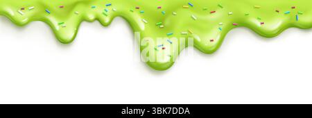 Green ice cream melt with colorful sprinkles dripping down - lime frosting or pistachio glaze flowing on white surface. Rainbow topping on glossy dessert for birthday party decoration or bakery design Stock Vector