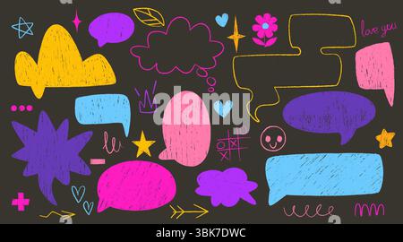 Bright crayon speech bubble set on dark bg - vibrant hand drawn chat boxes with textured marks. Colorful dialogue shapes with stars, hearts, flowers and doodles for message, social media conversation Stock Vector