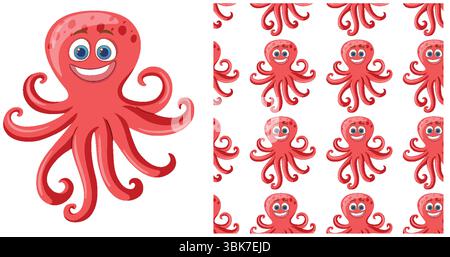 A vibrant vector illustration featuring a smiling octopus in a seamless pattern. Ideal for playful designs and children's themes Stock Vector