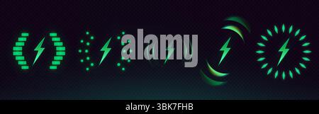 Glowing wireless charge battery icons collection - neon green power indicators showing lightning bolts with circular loading patterns on dark bg for technology interface, mobile device charging. Stock Vector
