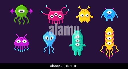 Colorful pixel art space invader aliens collection - retro 8 bit game monsters in vibrant neon colors on dark background for arcade gaming, nostalgic design. Classic video game enemy characters. Stock Vector
