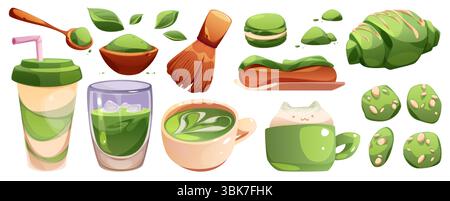 Cartoon matcha set - vibrant green tea products including latte cup, powder bowl with whisk, macarons, cookies and traditional accessories. Japanese beverage ingredients for cafe menu or Asian dessert Stock Vector