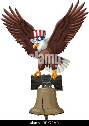 Vector illustration of an eagle wearing a star-spangled hat, perched on the Liberty Bell, symbolizing American pride Stock Vector