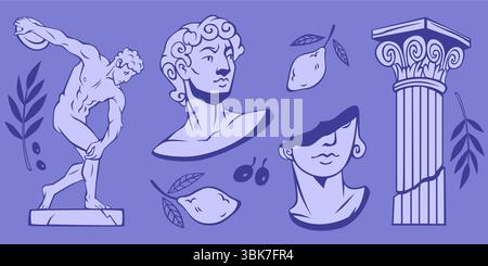 Ancient Greek doodle elements with athletic statue and bust, column, olives, lemon fruit and laurel leaves on purple background. Mediterranean mythology symbol for history education or cultural design Stock Vector