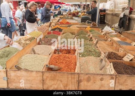 Syracuse, Sicily, Italy, Ortigia Street Market, spices for sale Stock Photo