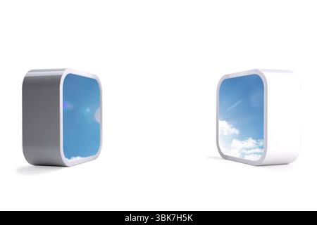Cuboid display units are sitting on white surface in 3D render showing sky screens, copy space Stock Photo