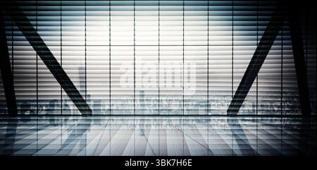 Full-width horizontal blinds and glossy floor are creating flat design lobby with diagonal beams Stock Photo
