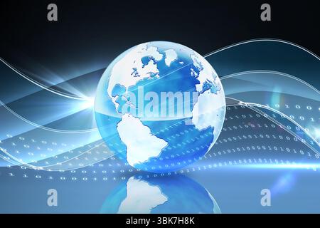 Stylized digital Earth globe floating on mirror floor, showing flowing light waves and binary code Stock Photo