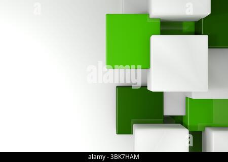 Glossy green white cubes are stacking in stepped pattern in minimalist 3D render, copy space Stock Photo