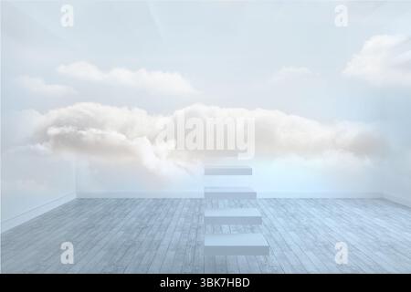 Floating white rectangular steps are ascending toward realistic cloud mural above gray floorboards Stock Photo