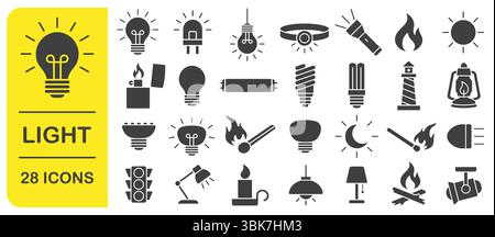 Light icon symbol set. Light bulb, lamp, flashlight, LED, lantern, spotlight, campfire and lighter icons sign. Vector illustration image. Isolated on Stock Vector