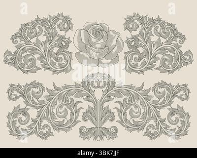 Rose and floral ornament set, Vintage engraving drawing style illustration Stock Vector