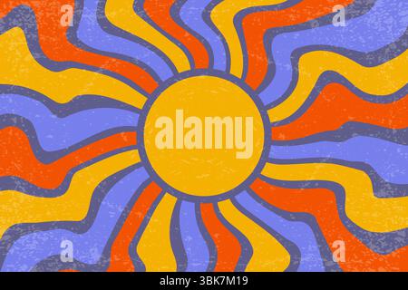 Sunrays retro background. Vector summer 70s poster. Abstract groovy design with grunge texture. Old paper banner with orange and purple spiral beams Stock Vector