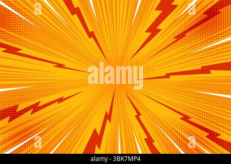 Comic pop art background with sunburst and lightnings. Vector radial pattern of abstract thunders and rays. Manga superhero poster with halftone Stock Vector