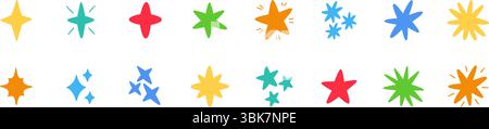 Doodle glitter twinkle star icons set. Hand drawn shine star burst symbol. Sketch magic blink collection. Color doodle spark shape icons. Vector Stock Vector