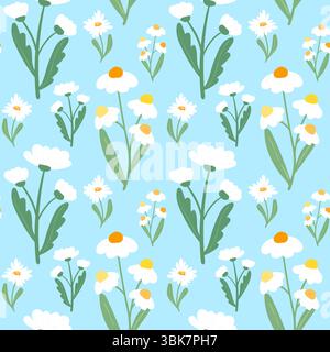 Chamomile branches and flowers patetrn on blue background. Trendy flat daisy seamless pattern for textile, fabrics, wrapping paper, prints, home decor Stock Vector