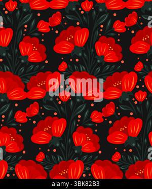 Vector seamless pattern with red flowers in folk art style on black background. Decorative texture with poppies for textile design, wallpaper Stock Vector