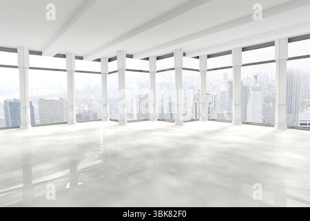 Flat design open-plan office is showcasing reflective white tiled floor with columns, city skyline Stock Photo