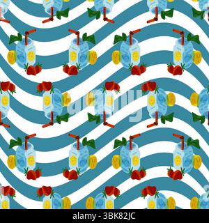 Seamless pattern with cartoon lemonade jars, strawberries, lemon slices, and mint on blue and white wavy striped background. Flat style, vibrant summe Stock Vector