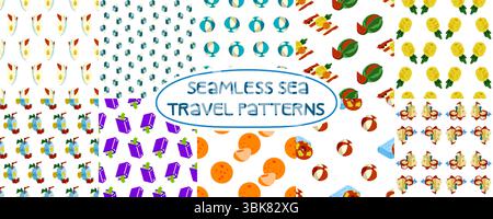 Colorful collection of 10 seamless summer patterns featuring cartoon hats, drinks, fruits, luggage, books, beach balls, sandcastles and other sea trav Stock Vector