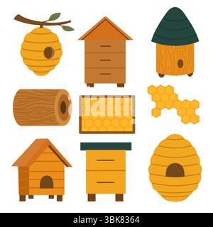 Vector set of clipart on the theme of beekeeping. Collection of houses for bees, apiaries, beehive, frame with honeycombs in vector flat style. Images Stock Vector