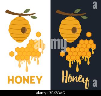 Vector set of vertical banner on the theme of beekeeping. Collection of cards with beehive, honeycombs and lettering in vector flat style for postcard Stock Vector