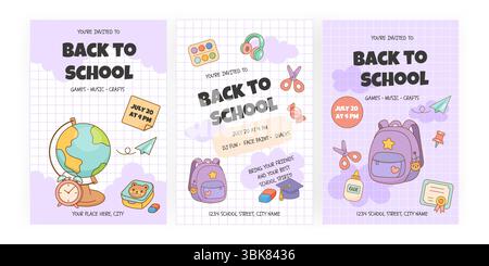 Set of vector posters with school party invitations, supplies and decorations. Fun design for education or event promotion. Stock Vector