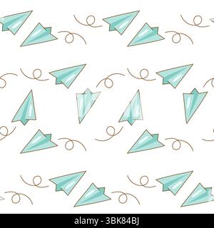 Repeating vector background with hand-drawn paper airplanes and curls. Cute and playful design for school themes and websites. Stock Vector