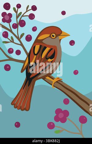An artistic illustration of a sparrow on a branch with blossom Stock Vector