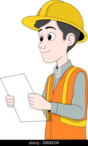 Vector cartoon of a male construction project supervisor wearing a yellow hard hat and safety vest, holding a document or blueprint Stock Vector