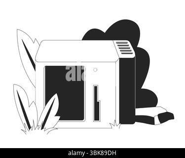 Overgrown vintage computer in nature 2D line object Stock Vector