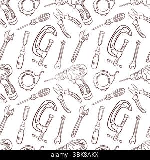 Seamless pattern with line art style tools, drill, clamp, pliers, wrench and screwdriver. Perfect for construction repair store and industrial repair Stock Vector