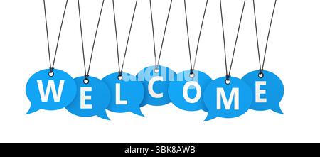 Welcome word and sign on blue paper speech bubbles tags isolated on white background. Welcoming concept 3D illustration. Stock Photo