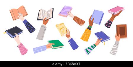 Set of Diverse Hands Holding Books. Stock Vector