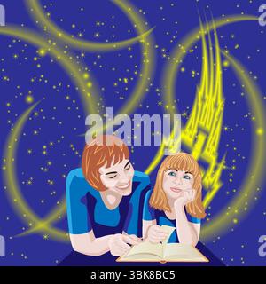 Mother and daughter read together book. Night sky with castle and magic light. International Book Lovers Day. Banner. Isolated vector illustration. Stock Vector