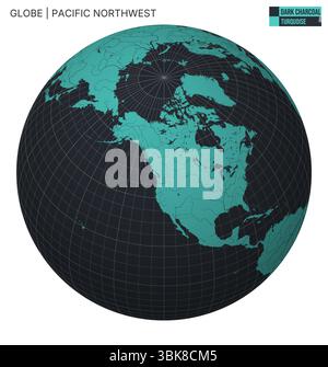 Vector Globe centered to Pacific Northwest. Dark Charcoal Turquoise palette. World map with meridians, parallels, countries, rivers and lakes. Stock Vector