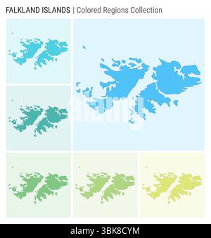 Falklands map collection. Country shape with colored regions. Light Blue, Cyan, Teal, Green, Light Green, Lime color palettes. Stock Vector