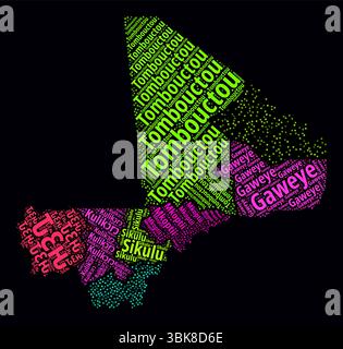 Mali Word Cloud. Region names of the country in French language. Bright neon style design on dark background. Mali shape with administrative division. Stock Vector