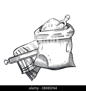 A bag of flour, a spatula for pouring flour, a rolling, a towel, a tablecloth. The process of baking. The illustration is suitable for printing on Stock Vector