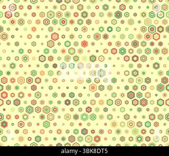 Vector seamless pattern. Multicolored geometric elements of varied sizes. Bold rounded stacked hexagons mosaic pattern. Hexagon geometric shapes. Stock Vector