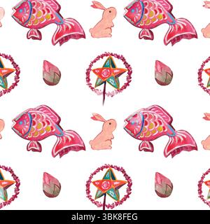 Pink cute star and fish lanterns, lotus bud, moon rabbit seamless pattern. Watercolor elements. Traditional heritage Asian theme. Romantic elegant wal Stock Vector