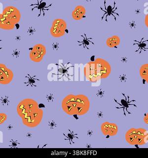 Spooky Halloween pumpkins and spiders seamless vector pattern background. Orange Jack o Lantern and blacks pider tossed design on purple backdrop Stock Vector