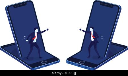 Two businessmen emerging from smartphones and fighting. Concept of business competition in the digital age, online conflict, or social media rivalry. Stock Vector