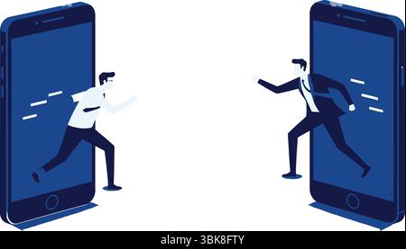 Two businessmen running out of smartphones towards each other. Concept of fast-paced digital communication, virtual meetings, business agility, Stock Vector
