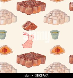 Mid Autumn festival seamless pattern. Types of mooncakes, slices of desserts, moon rabbit, tea cup watercolor elements. Beige background. Cute traditi Stock Vector
