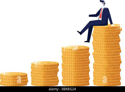 Businessman Sitting on Growing Coin Stack Illustration – Financial Success Concept Stock Vector