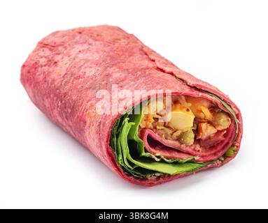 healthy vegan beet root wrap stuffed with vegetables isolated on white background Stock Photo